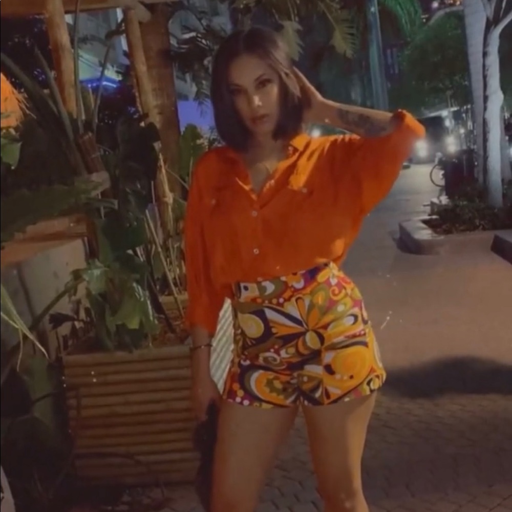 Orange silk button up top